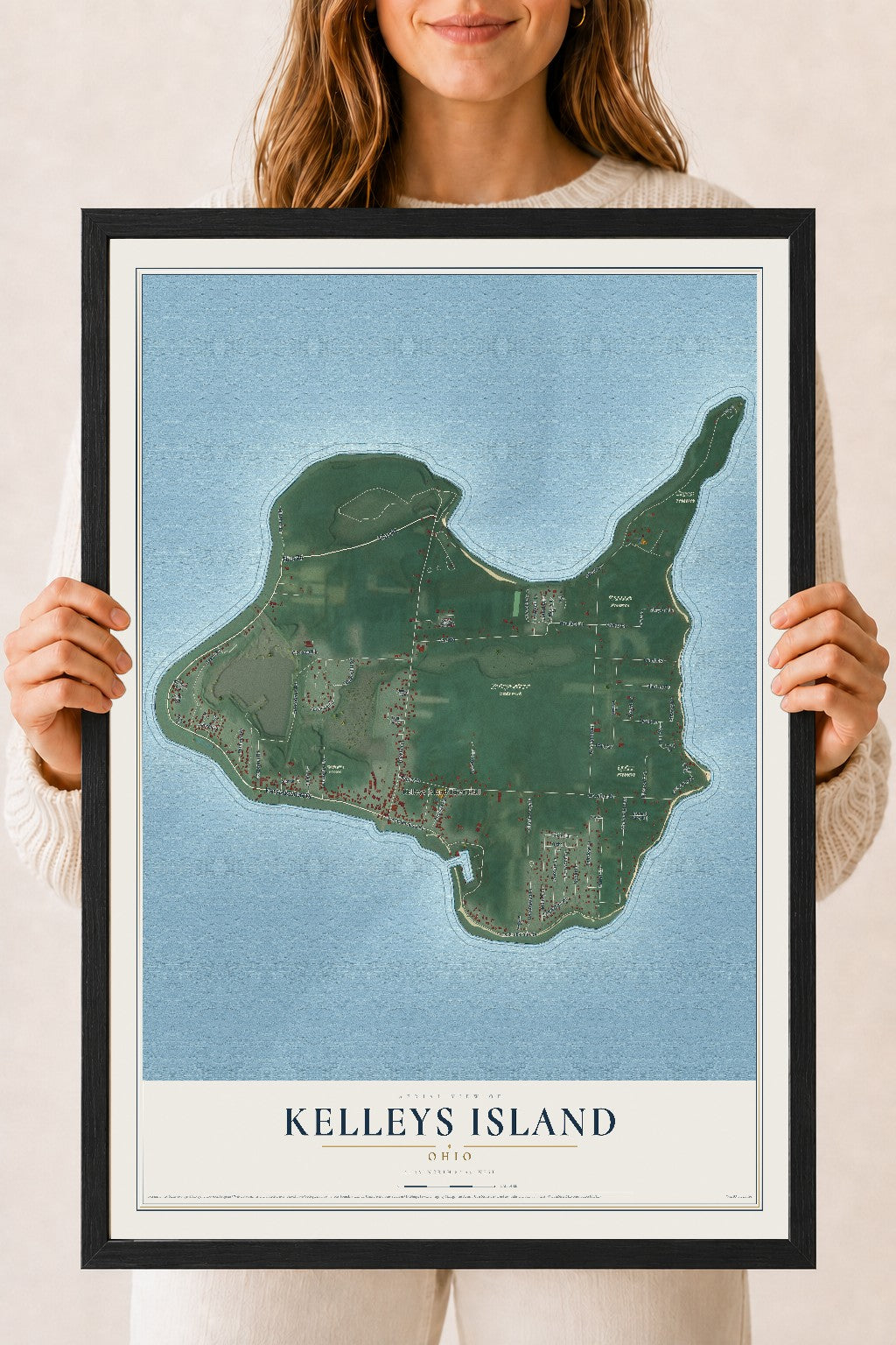 Map of Kelleys Island, Ohio, 18 x 24 inch print in a black wood frame