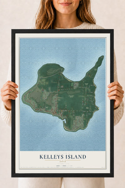 Map of Kelleys Island, Ohio, 18 x 24 inch print in a black wood frame