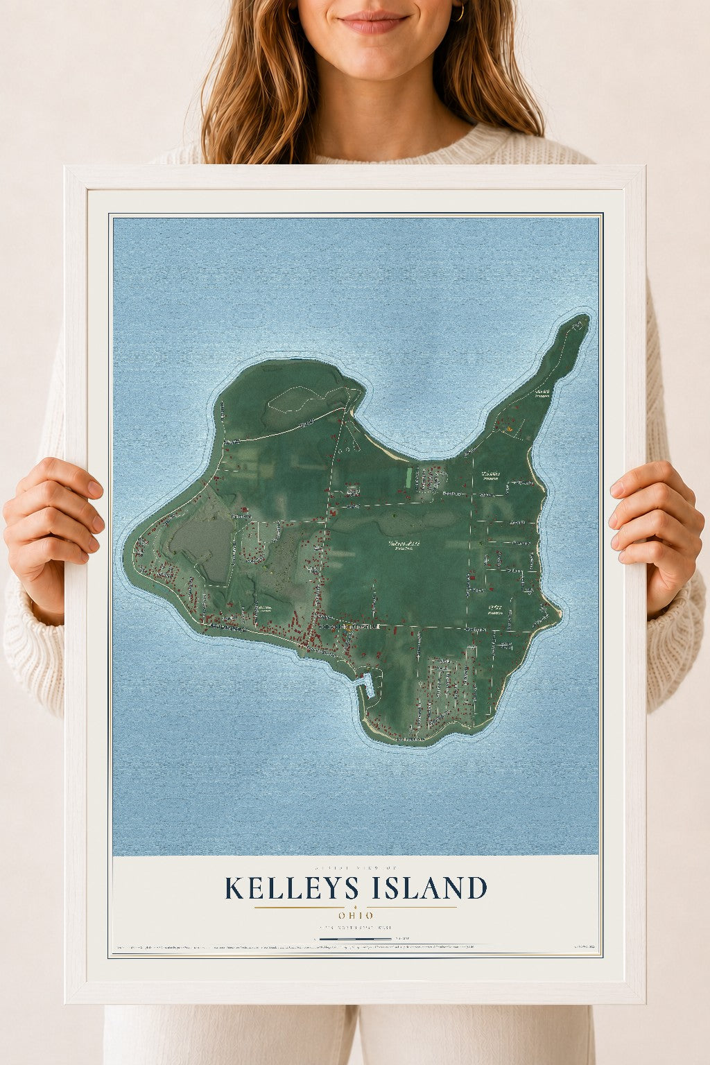 Map of Kelleys Island, Ohio, 18 x 24 inch print in a white wood frame