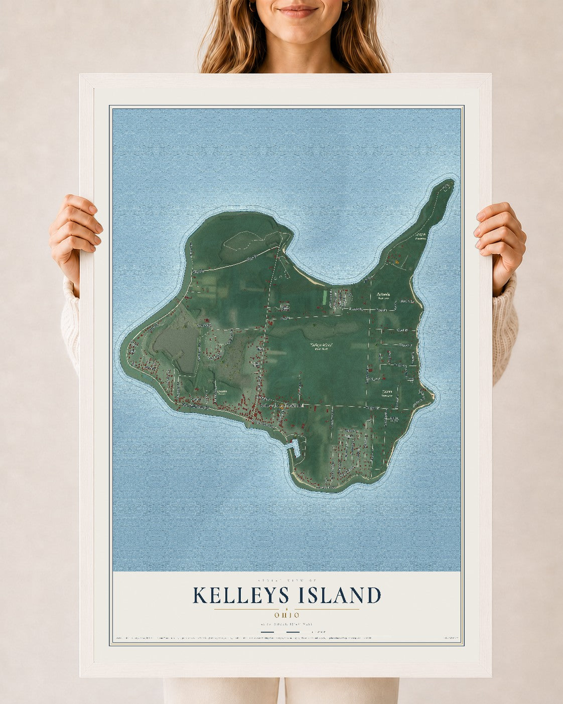 Map of Kelleys Island, Ohio, 24 x 36 inch print in a white wood frame