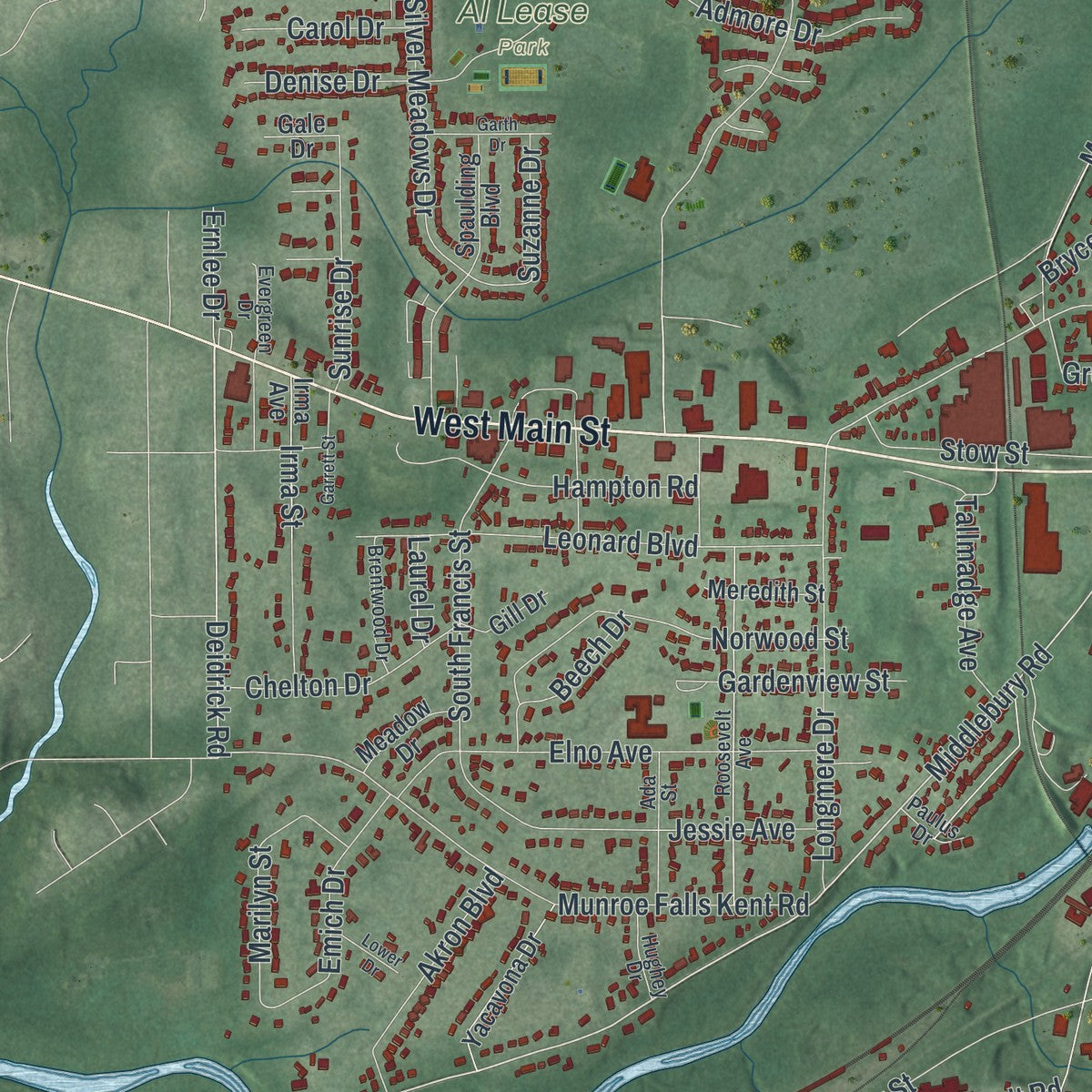 Second close-up of the map of Kent, Ohio print showing more streets and buildings