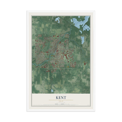 Map of Kent, Ohio, 12 x 18 inch print in a white wood frame