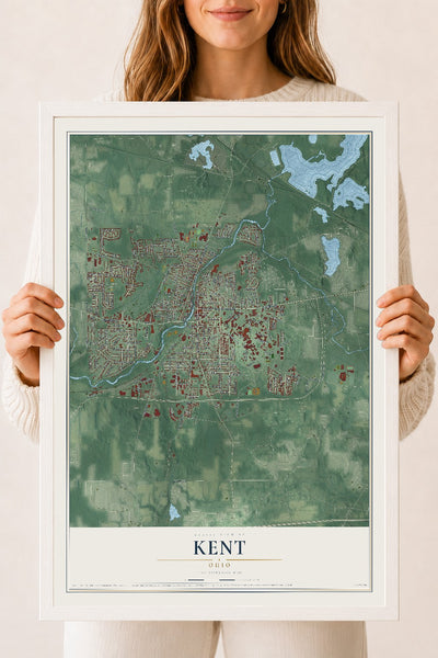 Map of Kent, Ohio, 18 x 24 inch print in a white wood frame
