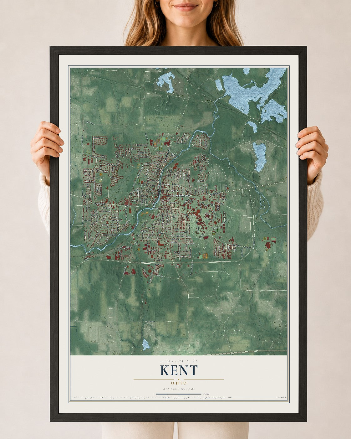Map of Kent, Ohio, 24 x 36 inch print in a black wood frame
