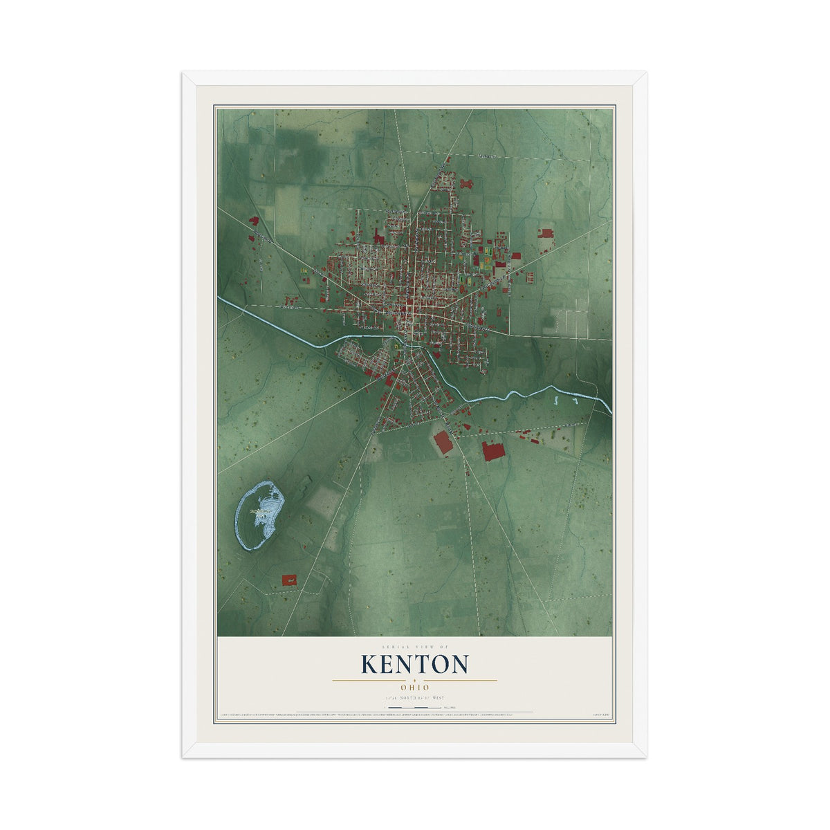 Map of Kenton, Ohio, 12 x 18 inch print in a white wood frame