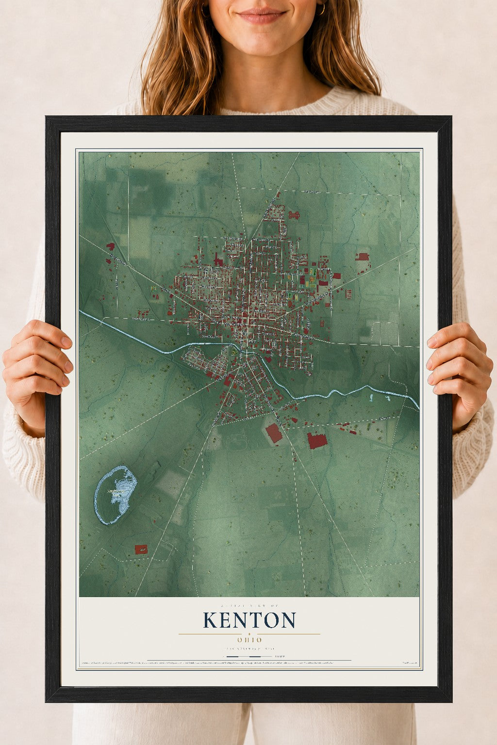 Map of Kenton, Ohio, 18 x 24 inch print in a black wood frame