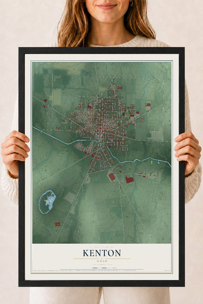 Map of Kenton, Ohio, 18 x 24 inch print in a black wood frame