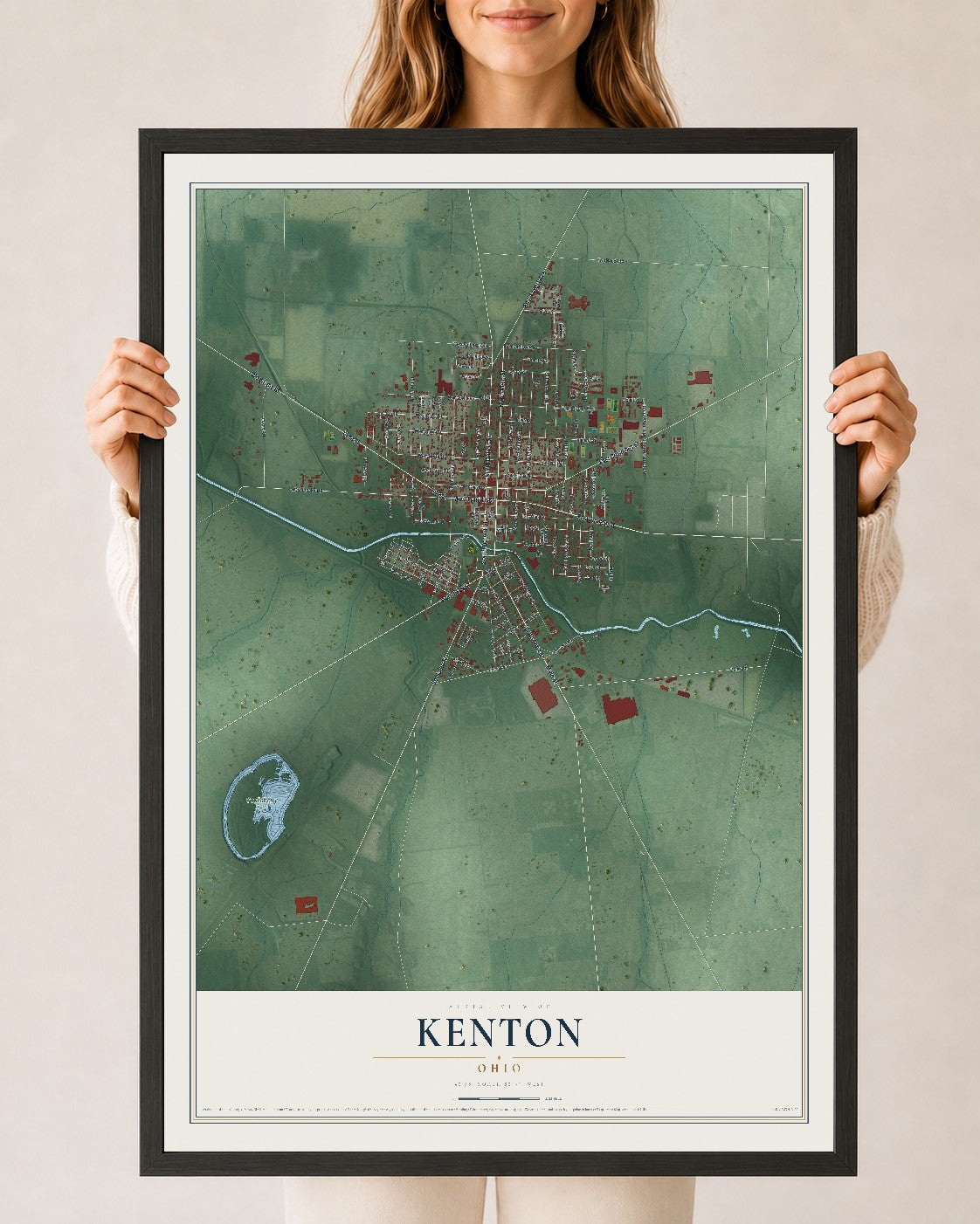 Map of Kenton, Ohio, 24 x 36 inch print in a black wood frame
