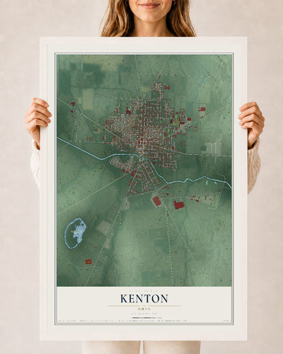 Map of Kenton, Ohio, 24 x 36 inch print in a white wood frame