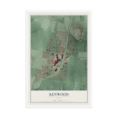 Map of Kenwood, Ohio, 12 x 18 inch print in a white wood frame
