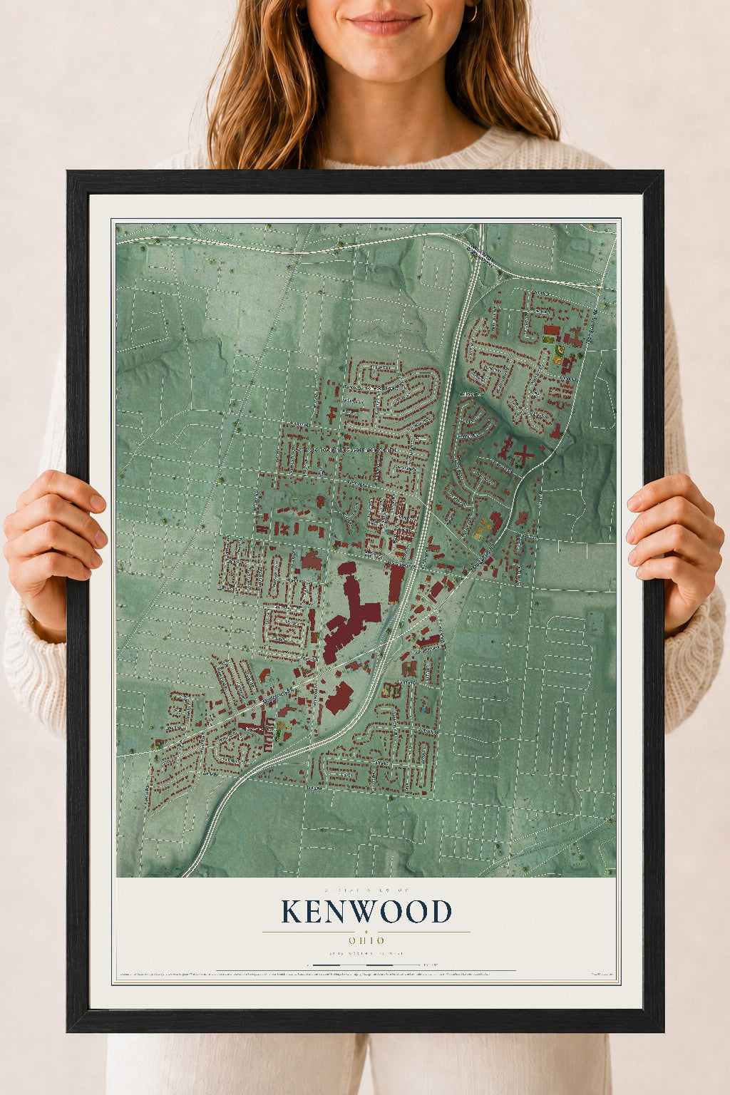 Map of Kenwood, Ohio, 18 x 24 inch print in a black wood frame