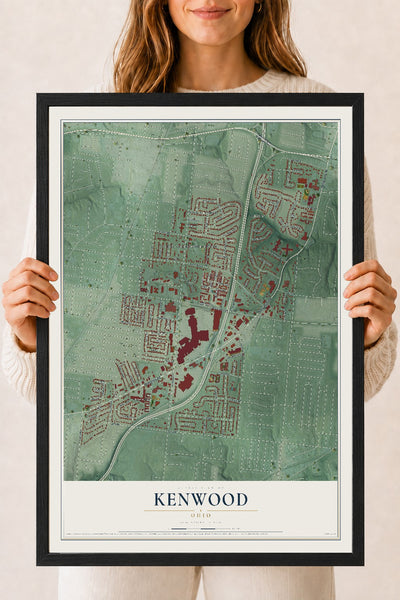 Map of Kenwood, Ohio, 18 x 24 inch print in a black wood frame