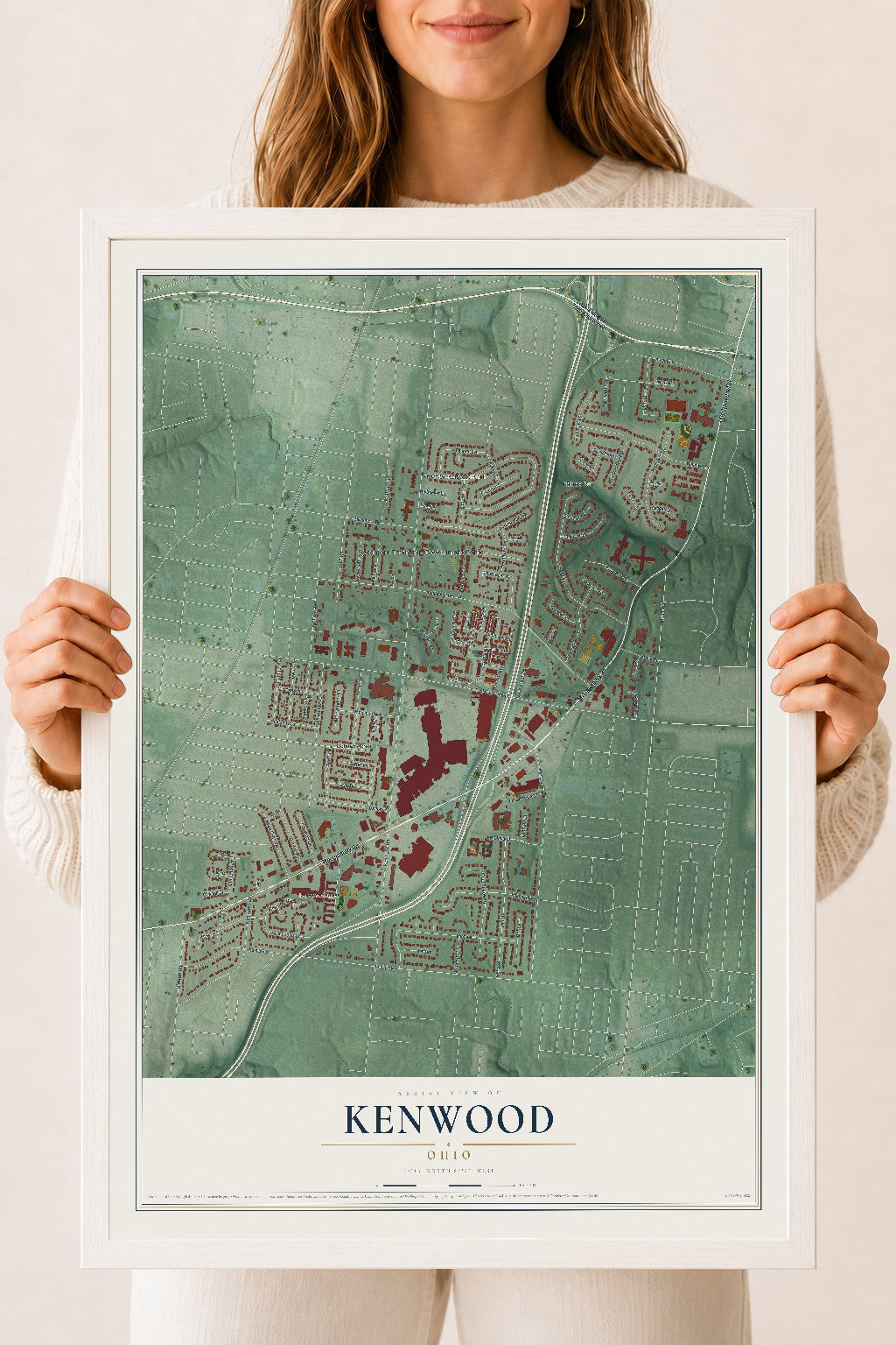 Map of Kenwood, Ohio, 18 x 24 inch print in a white wood frame