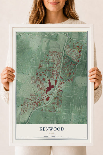 Map of Kenwood, Ohio, 18 x 24 inch print in a white wood frame