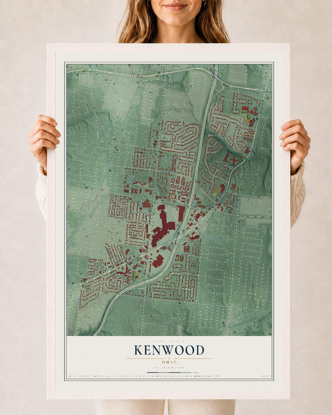 Map of Kenwood, Ohio, 24 x 36 inch print in a white wood frame