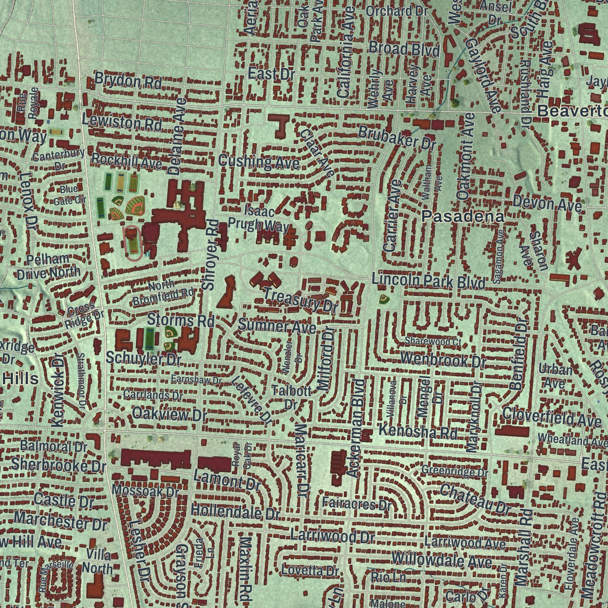 Close-up of the map of Kettering, Ohio print showing street and building detail
