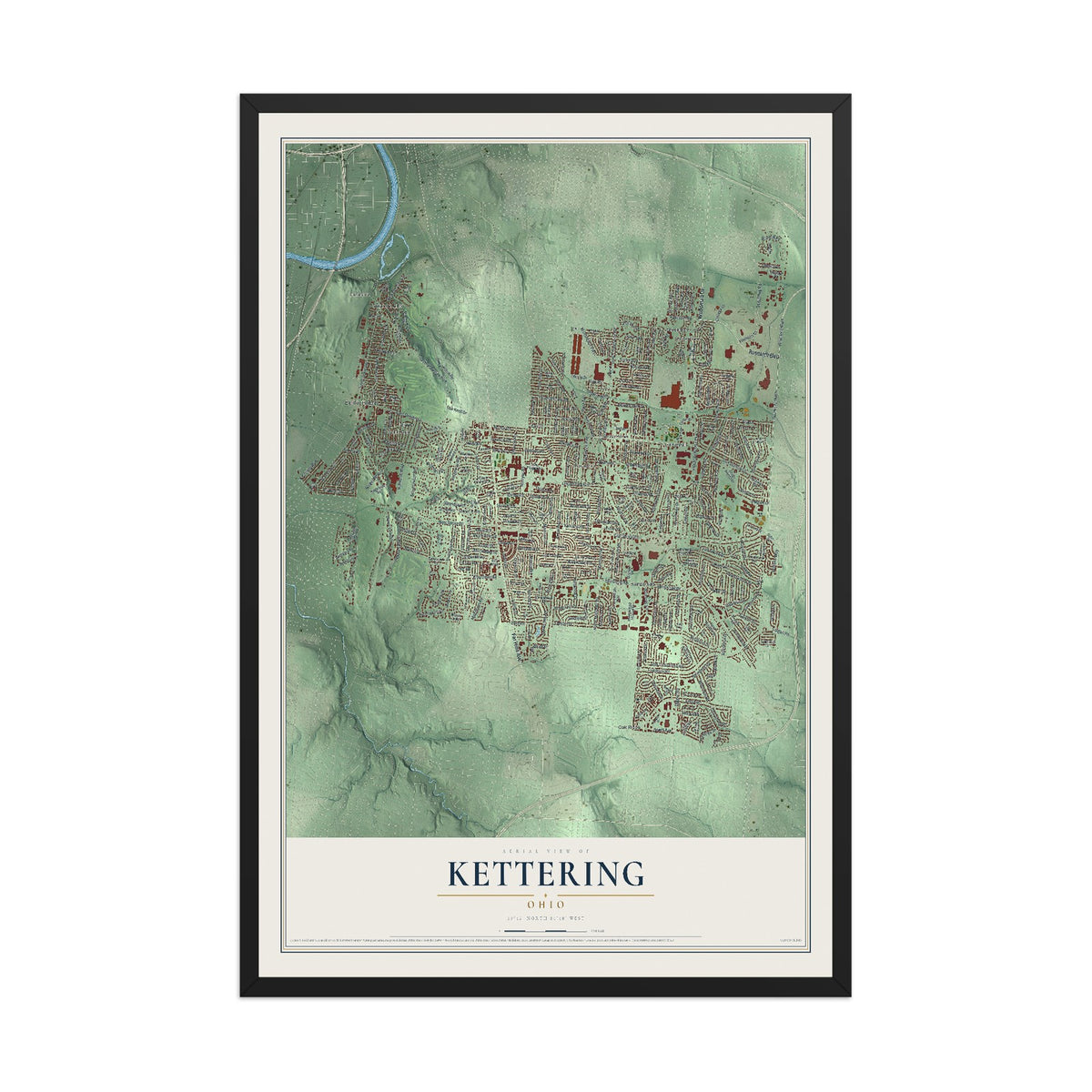 Map of Kettering, Ohio, 12 x 18 inch print in a black wood frame