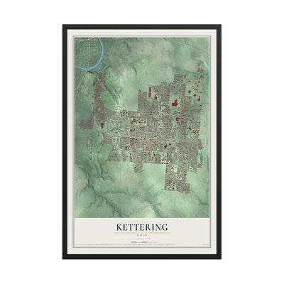 Map of Kettering, Ohio, 12 x 18 inch print in a black wood frame