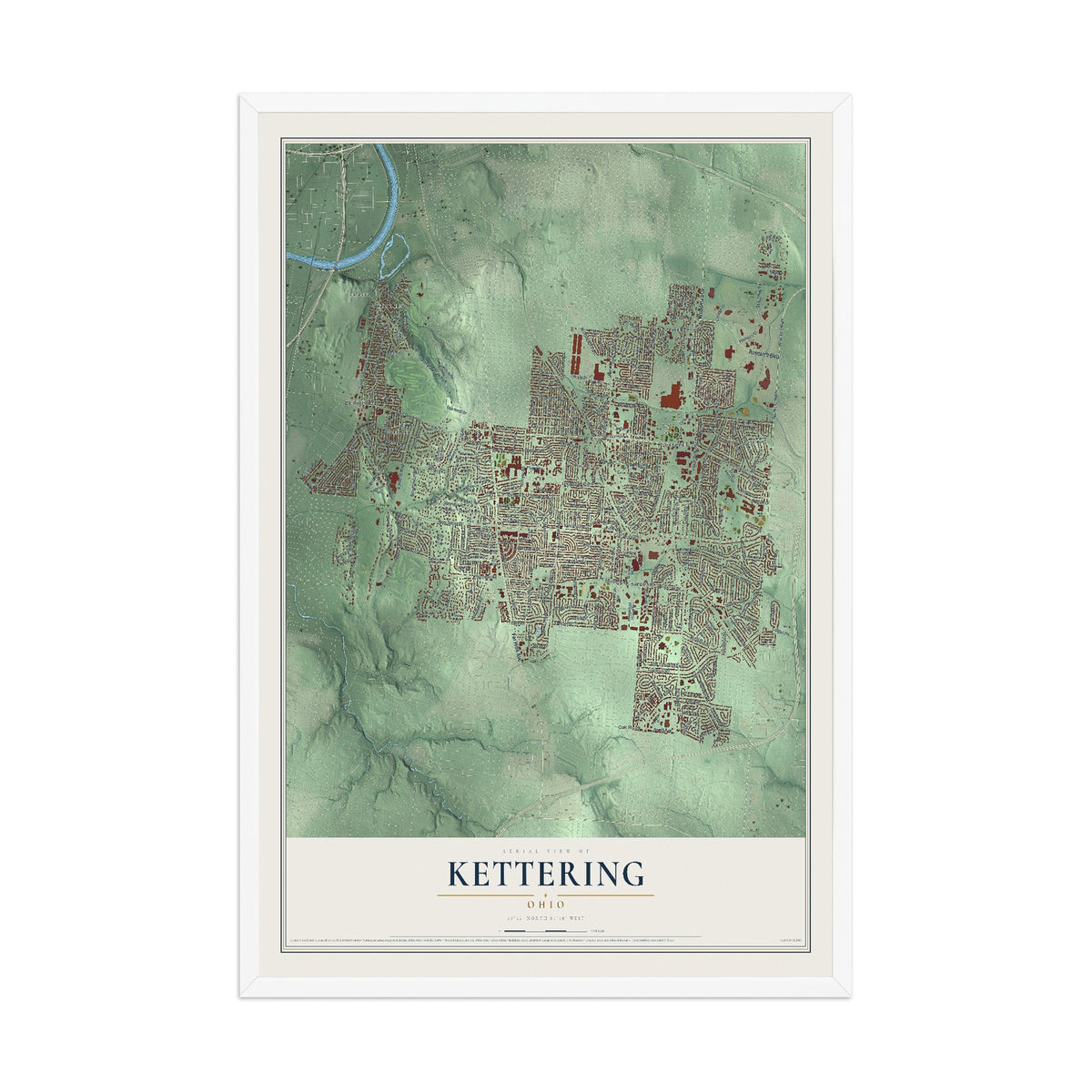 Map of Kettering, Ohio, 12 x 18 inch print in a white wood frame