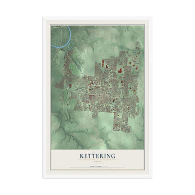Map of Kettering, Ohio, 12 x 18 inch print in a white wood frame