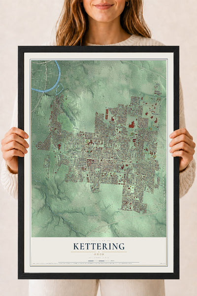 Map of Kettering, Ohio, 18 x 24 inch print in a black wood frame