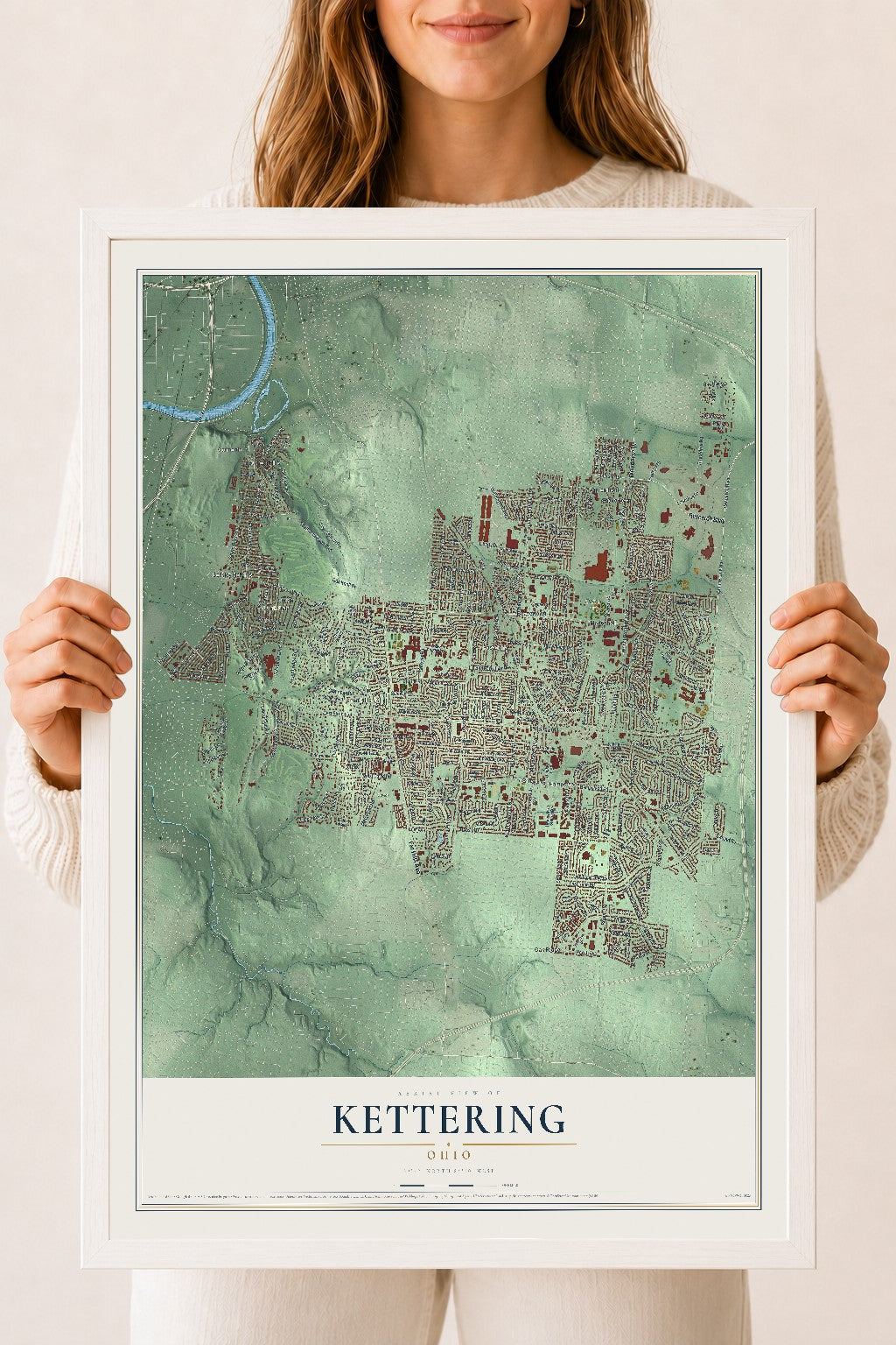 Map of Kettering, Ohio, 18 x 24 inch print in a white wood frame
