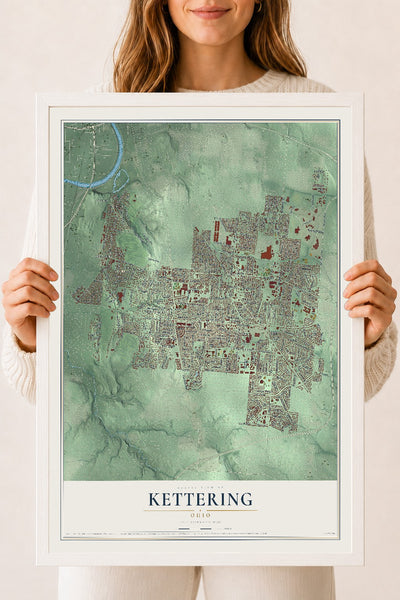 Map of Kettering, Ohio, 18 x 24 inch print in a white wood frame