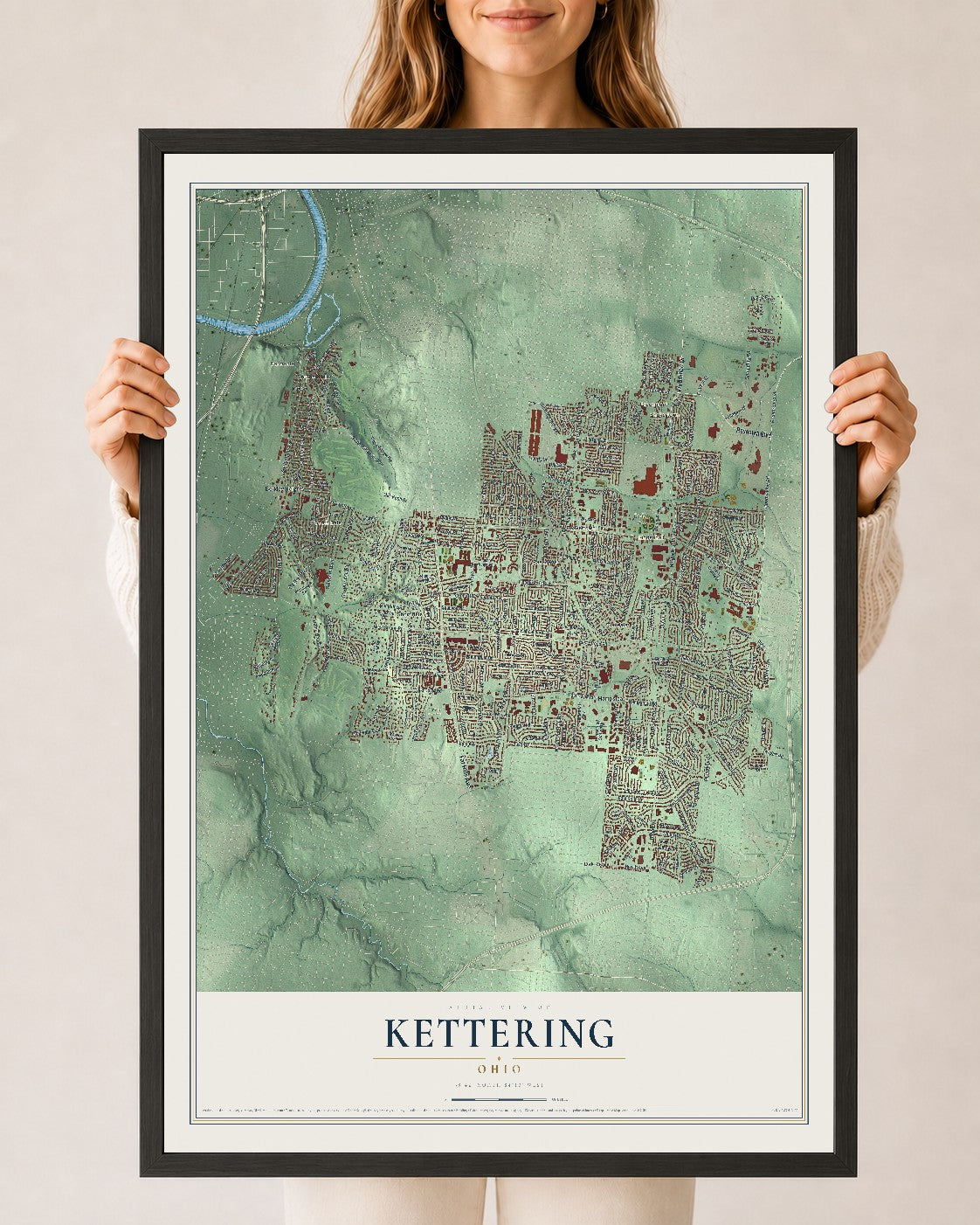 Map of Kettering, Ohio, 24 x 36 inch print in a black wood frame