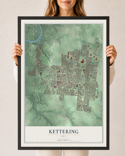 Map of Kettering, Ohio, 24 x 36 inch print in a black wood frame