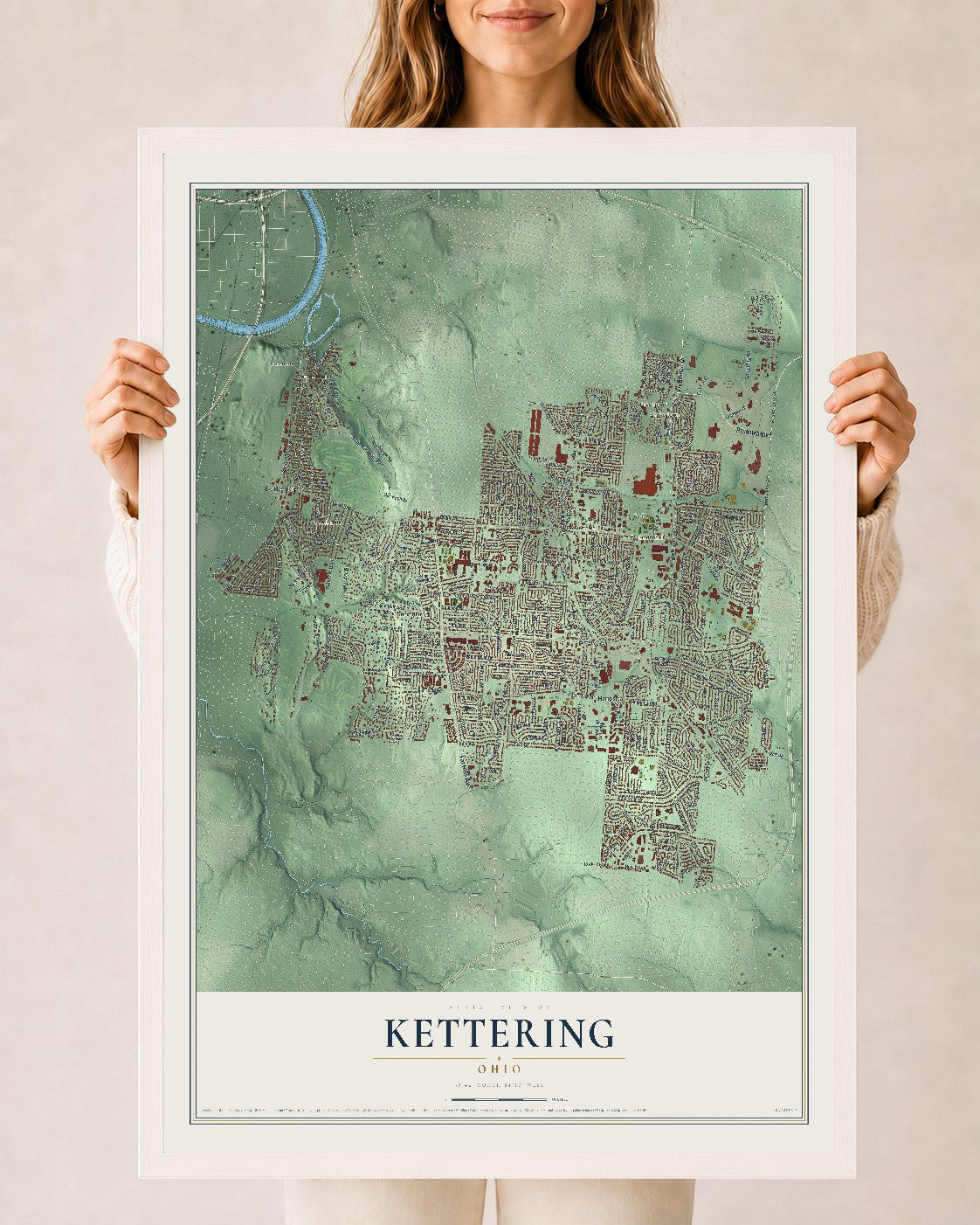 Map of Kettering, Ohio, 24 x 36 inch print in a white wood frame