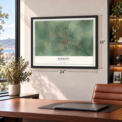 Kidron, Ohio map, 18 x 24 inch print in a black frame in a home office