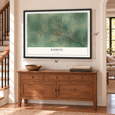 Kidron, Ohio map, 24 x 36 inch print in a black frame above a dresser by a staircase