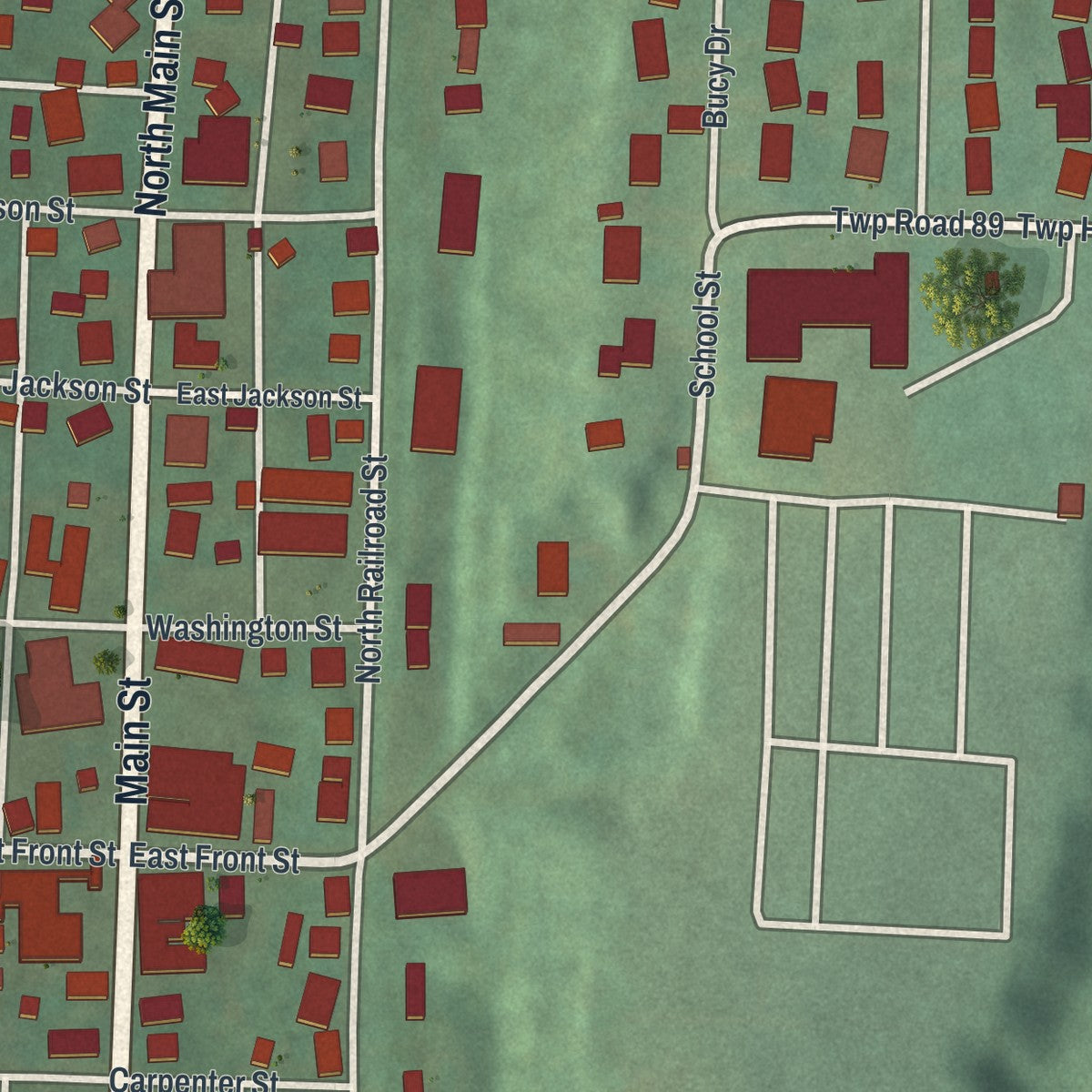 Close-up of the map of Killbuck, Ohio print showing street and building detail