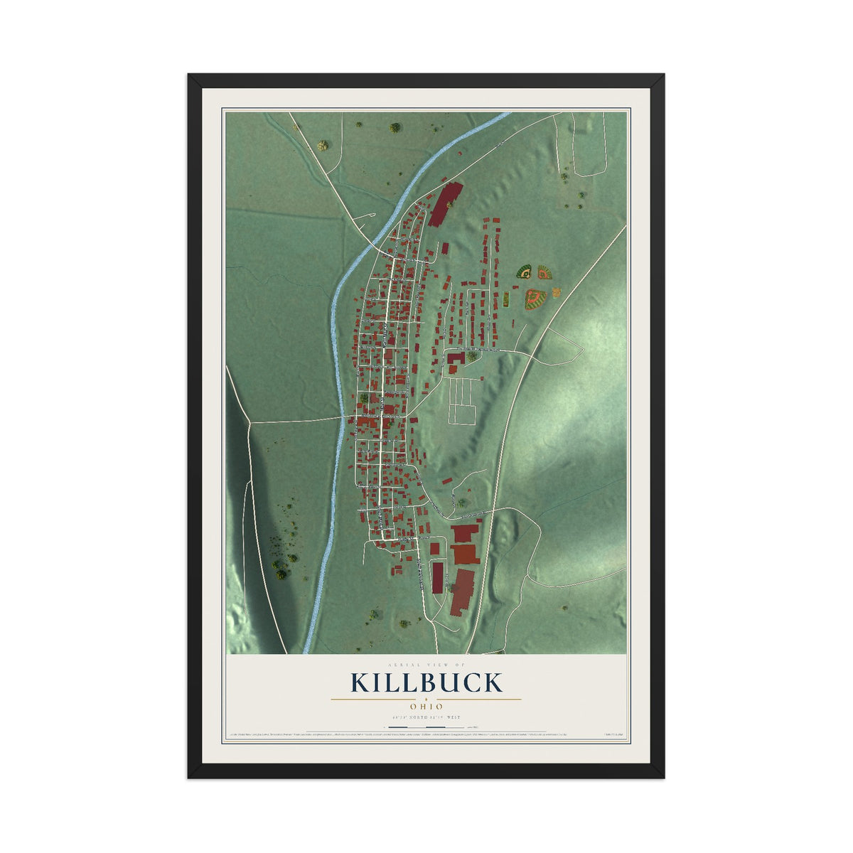 Map of Killbuck, Ohio, 12 x 18 inch print in a black wood frame