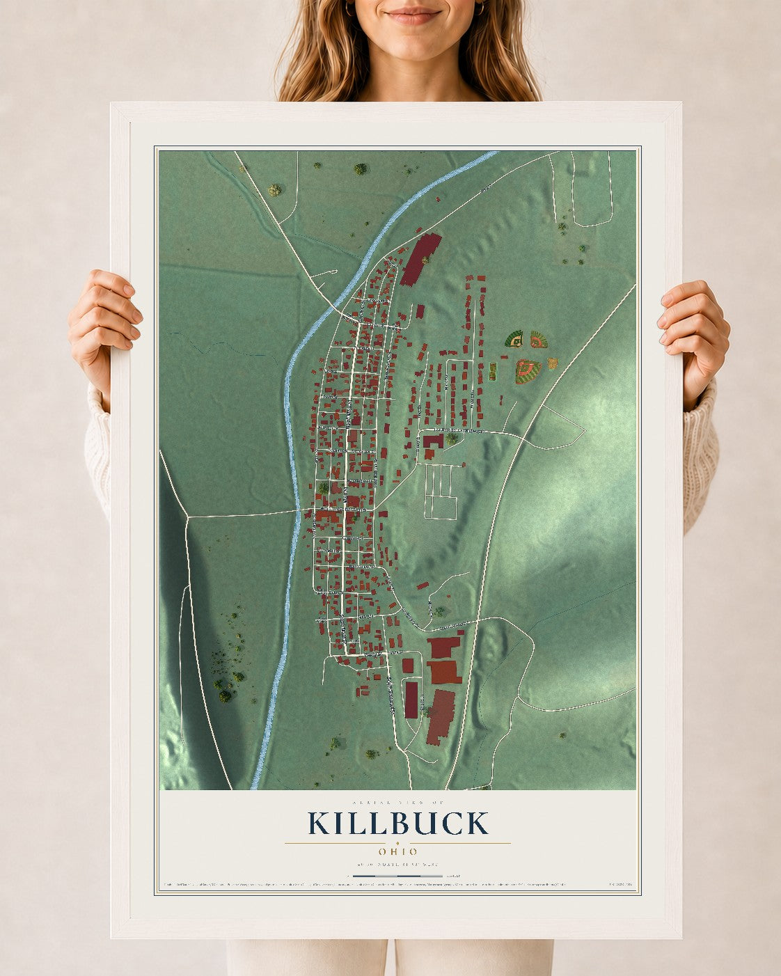Map of Killbuck, Ohio, 24 x 36 inch print in a white wood frame