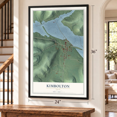 Kimbolton, Ohio map, 24 x 36 inch print in a black frame by a staircase
