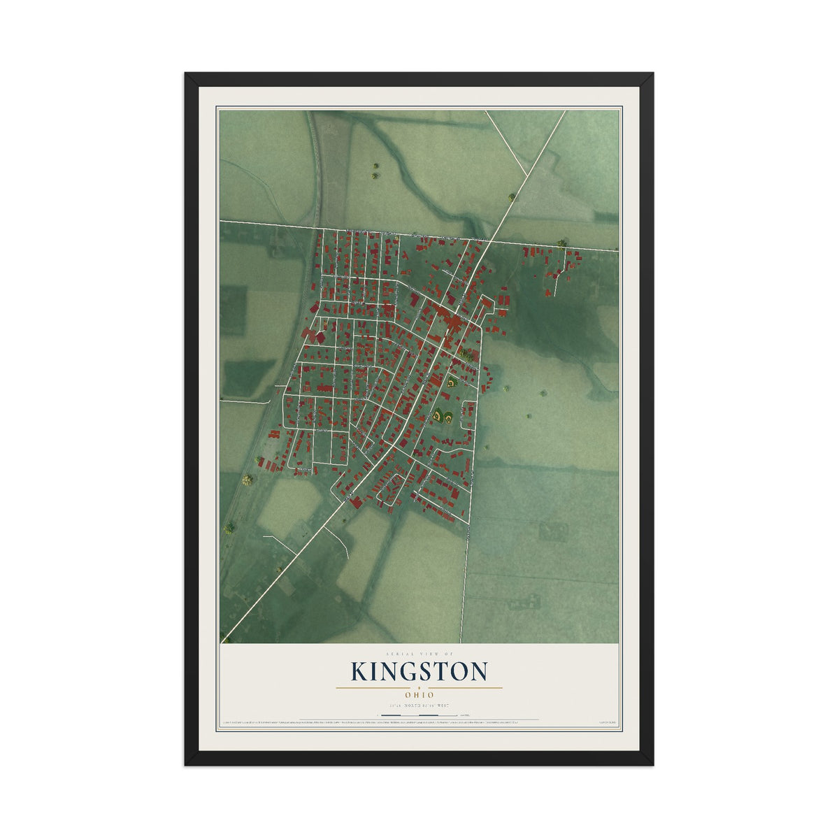 Map of Kingston, Ohio, 12 x 18 inch print in a black wood frame