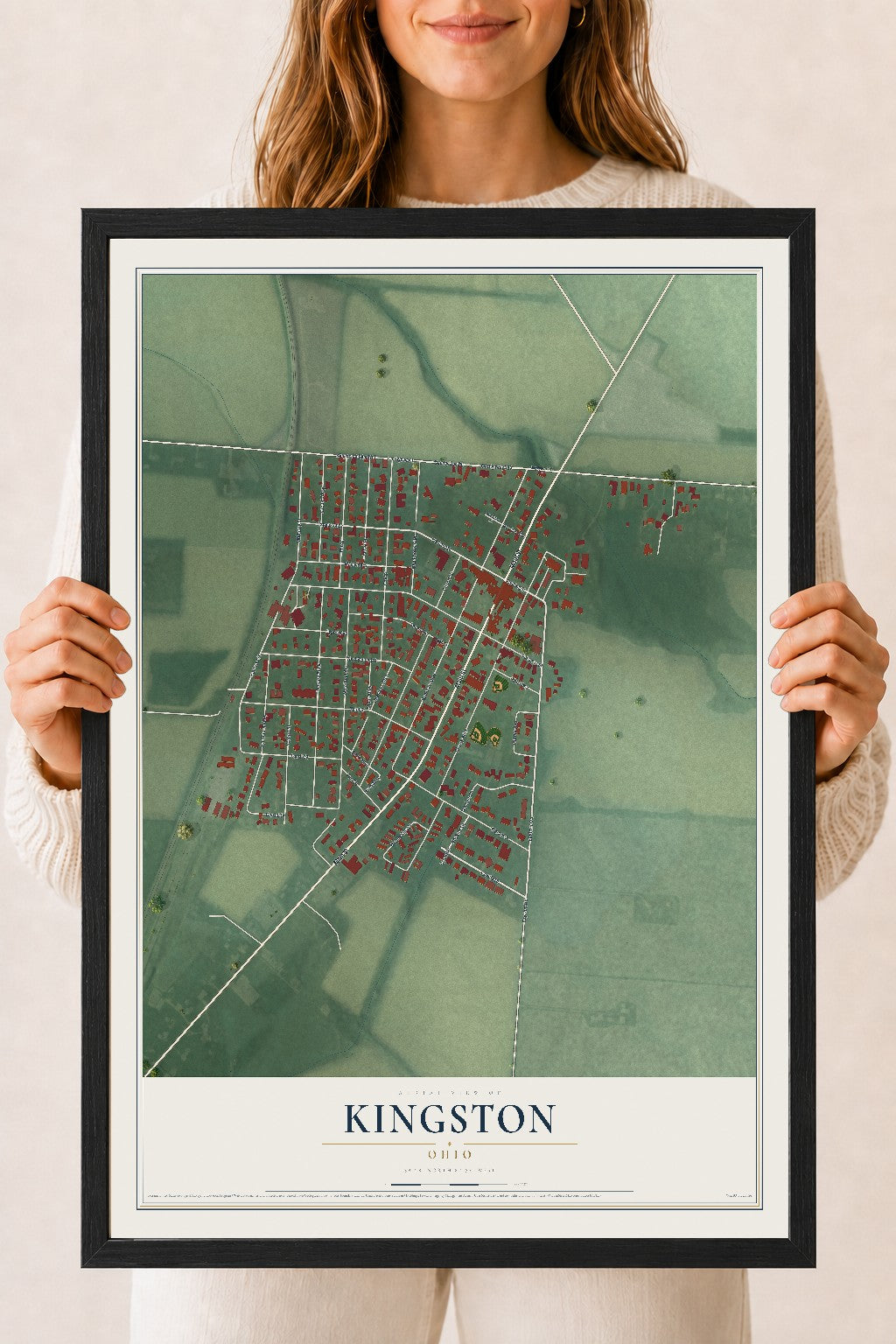 Map of Kingston, Ohio, 18 x 24 inch print in a black wood frame