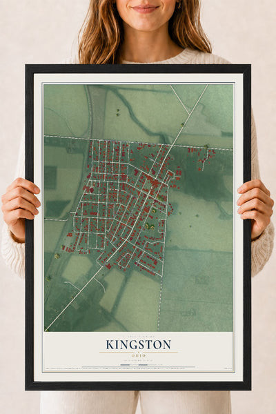 Map of Kingston, Ohio, 18 x 24 inch print in a black wood frame