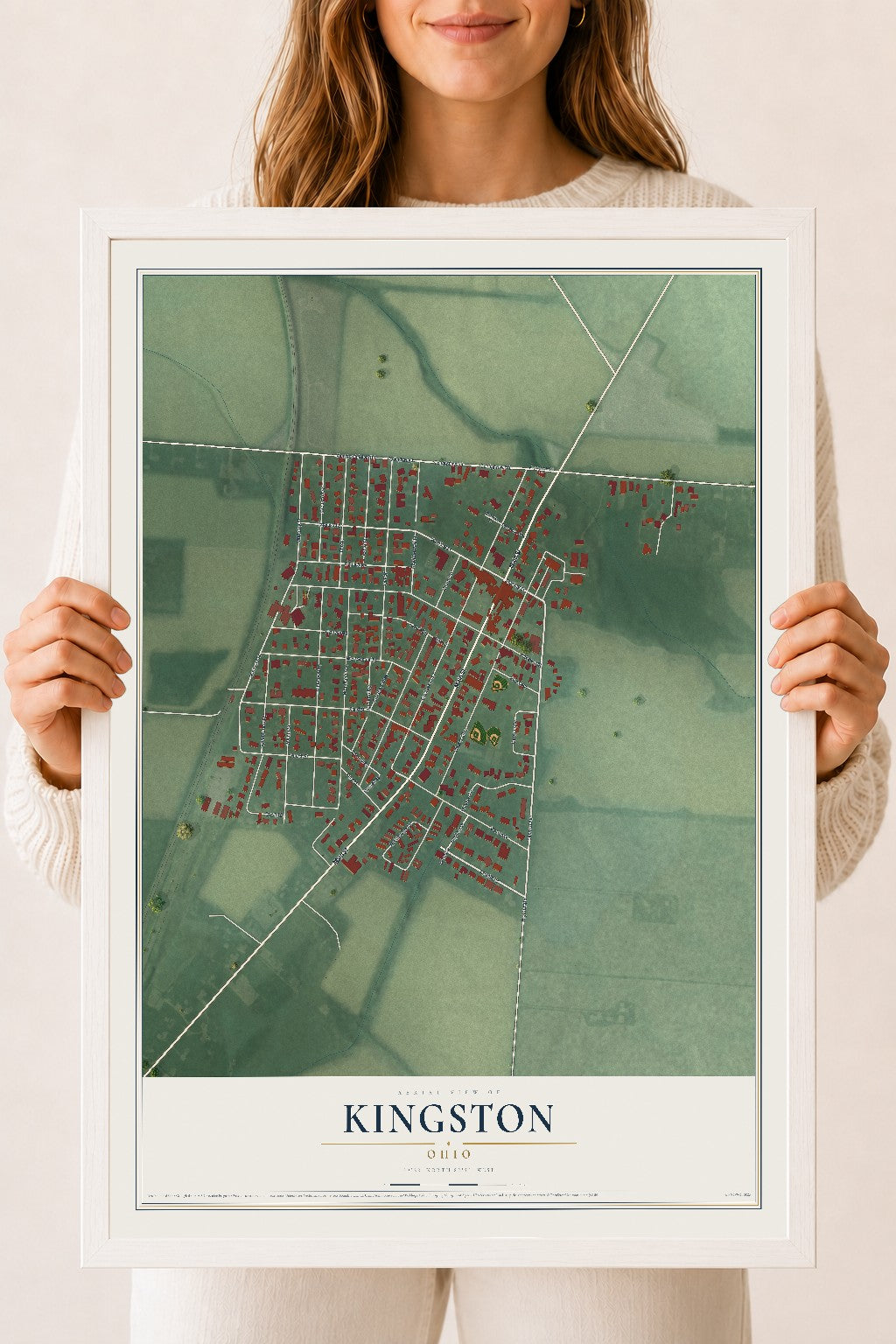 Map of Kingston, Ohio, 18 x 24 inch print in a white wood frame