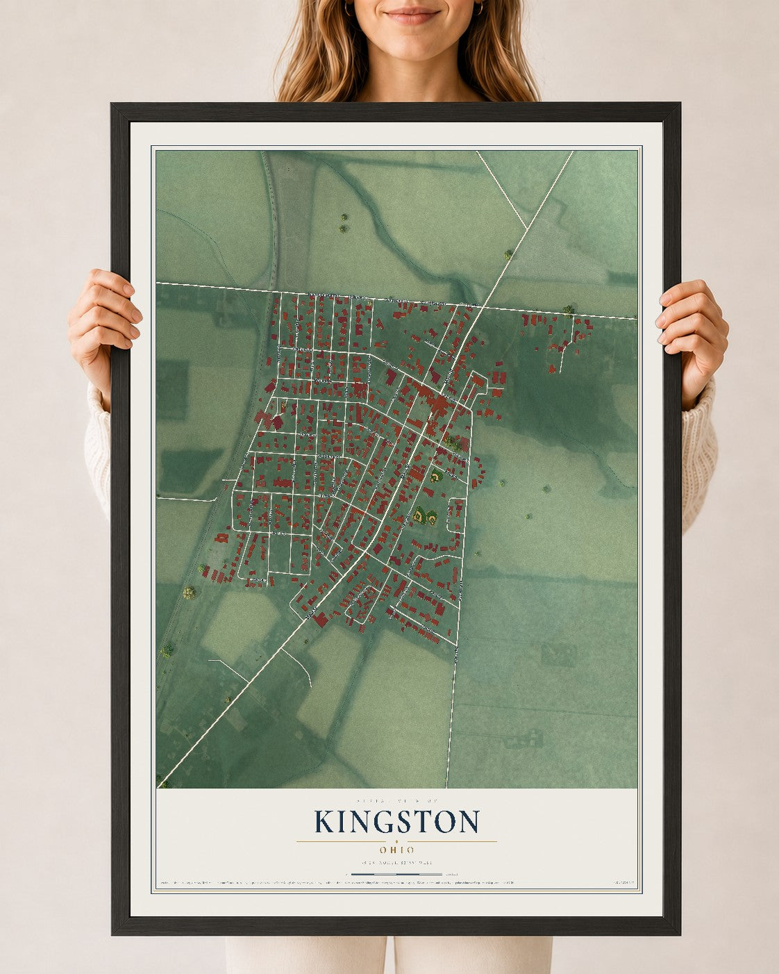 Map of Kingston, Ohio, 24 x 36 inch print in a black wood frame