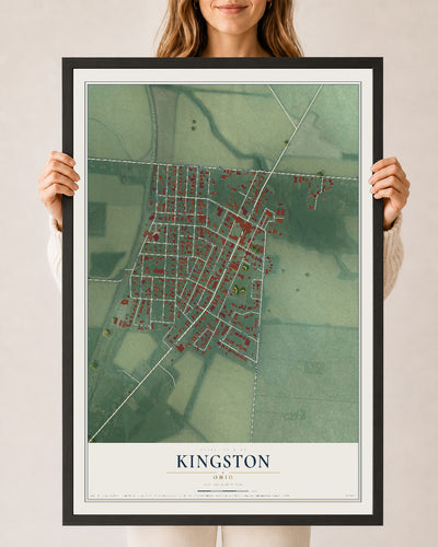 Map of Kingston, Ohio, 24 x 36 inch print in a black wood frame