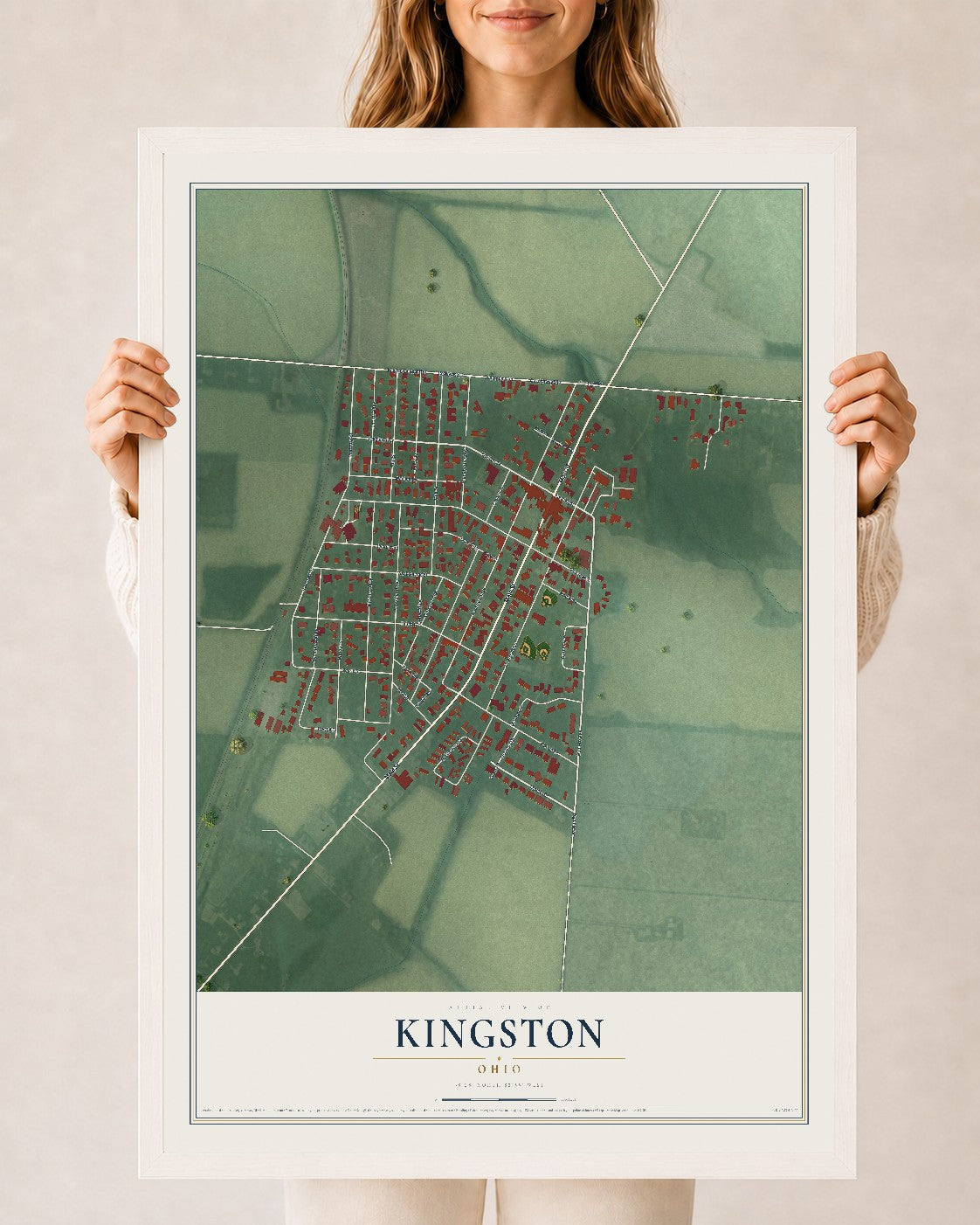 Map of Kingston, Ohio, 24 x 36 inch print in a white wood frame