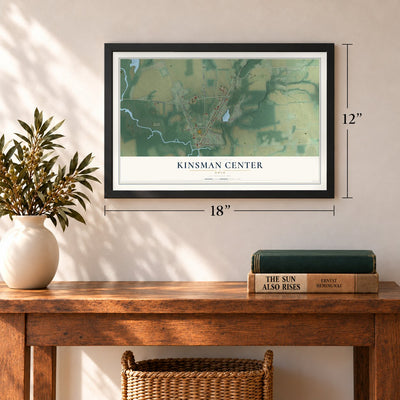 Kinsman Center, Ohio map, 12 x 18 inch print in a black frame in an entryway
