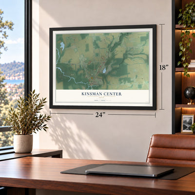 Kinsman Center, Ohio map, 18 x 24 inch print in a black frame in a home office