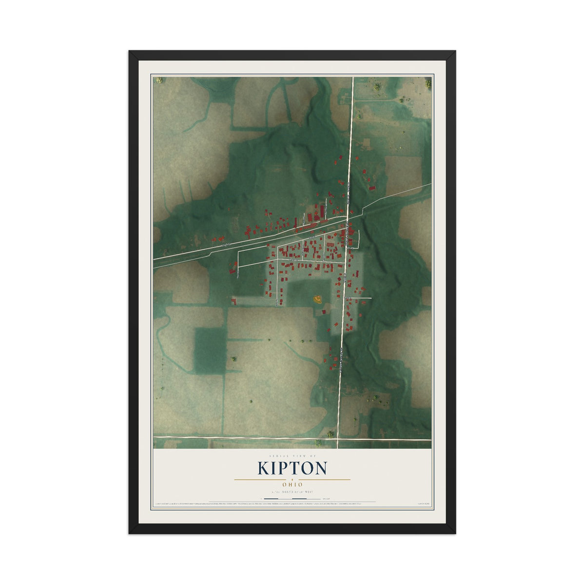Map of Kipton, Ohio, 12 x 18 inch print in a black wood frame