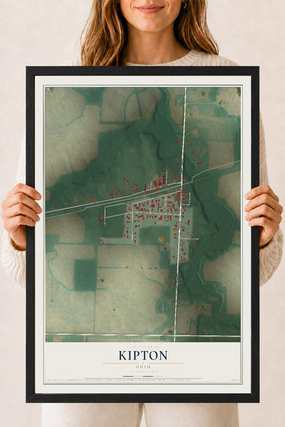 Map of Kipton, Ohio, 18 x 24 inch print in a black wood frame