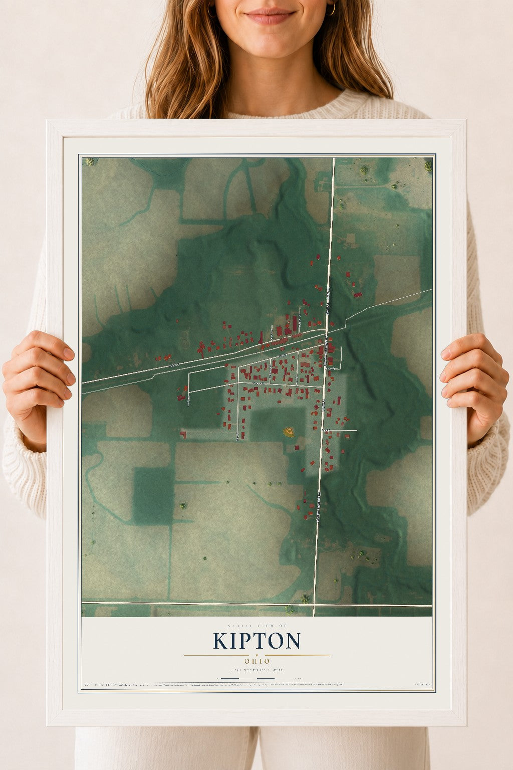Map of Kipton, Ohio, 18 x 24 inch print in a white wood frame