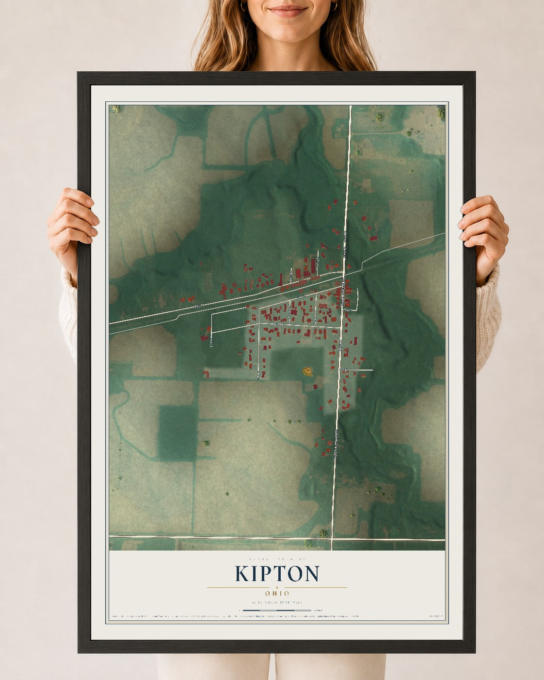 Map of Kipton, Ohio, 24 x 36 inch print in a black wood frame