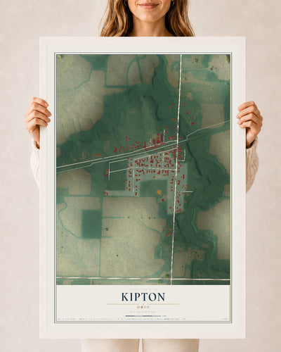 Map of Kipton, Ohio, 24 x 36 inch print in a white wood frame